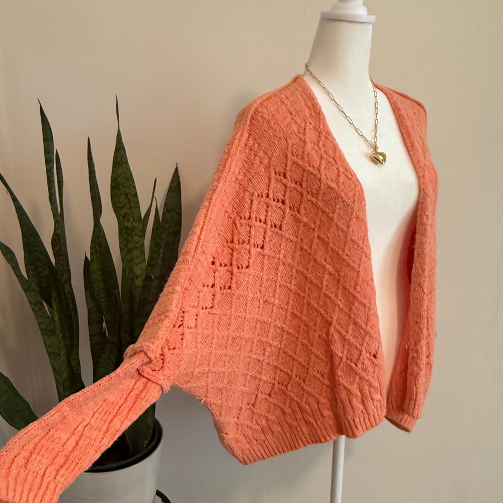 Free People | Textured Knit Open Front Cardigan, "Pinched Cheeks Combo" Coral - Picture 2 of 10